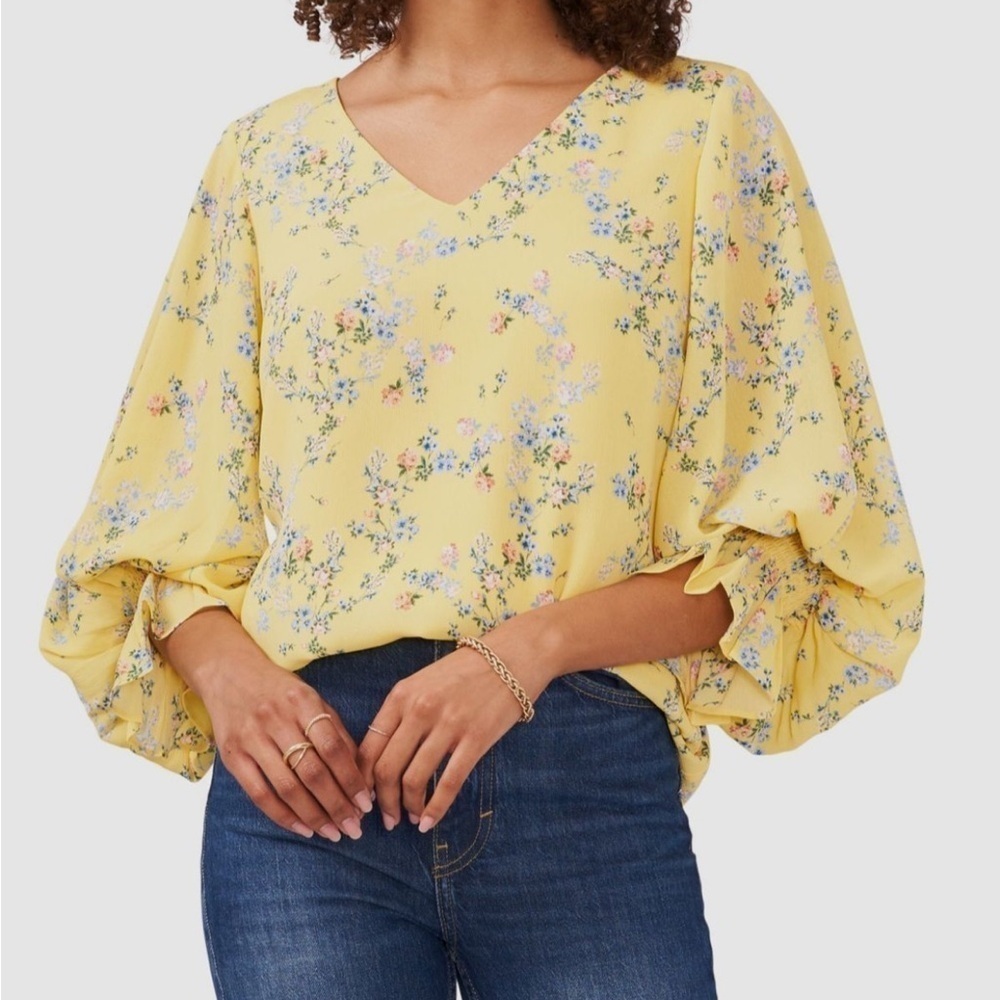 Vince Camuto Yellow Ditsy Floral Ruffle Sleeve Boho Blouse Large - Picture 2 of 7